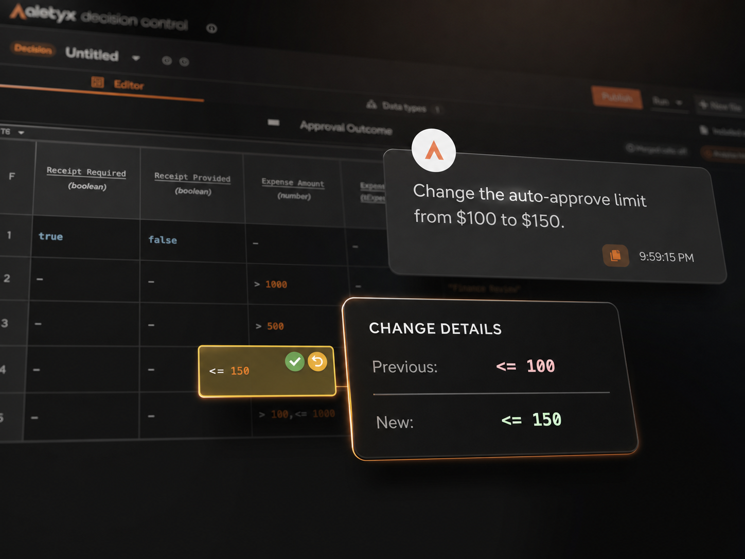 Aletyx AI Assistant proposing a threshold change with the exact previous and new values visible for approval