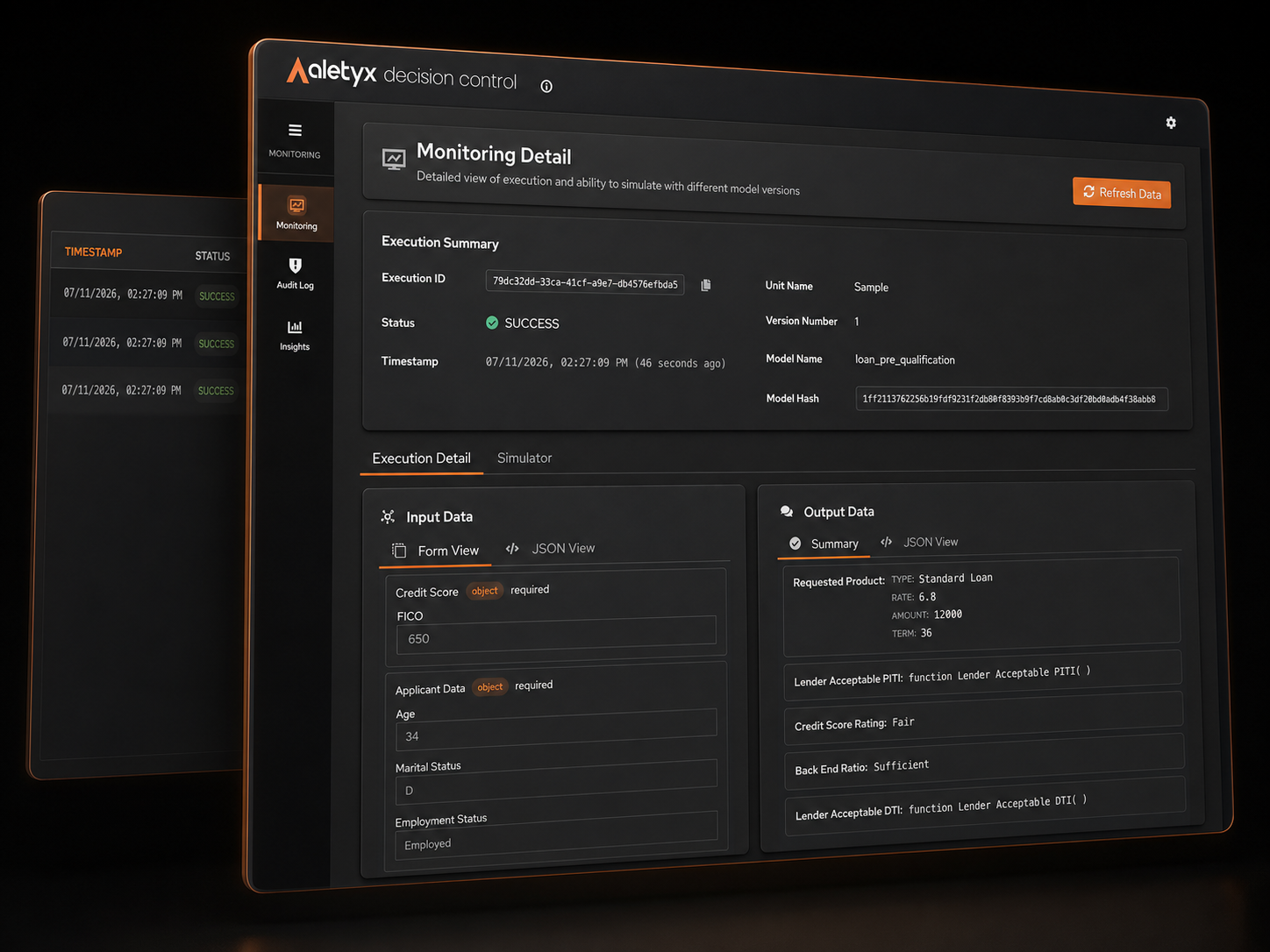 Decision Control monitoring detail layered over a successful execution list