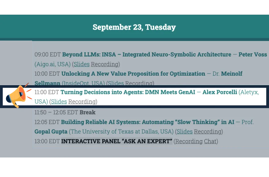 Aletyx session at DecisionCAMP's Agenda